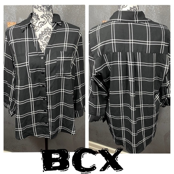 BCX plaid roll tab button up collared blouse - Picture 2 of 12